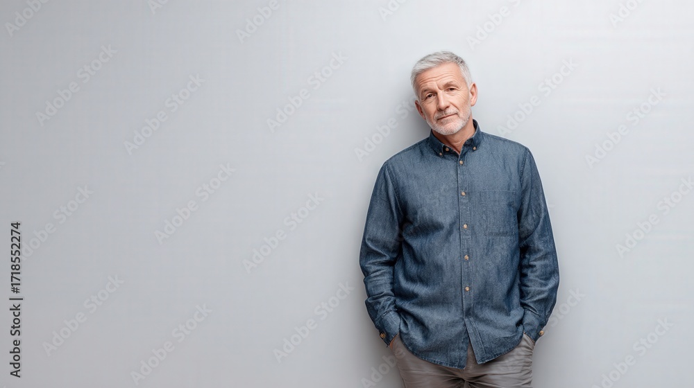 Obraz premium Confident Mature Man in Casual Denim Shirt Posing Against a Neutral Background