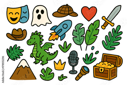 Film Genre Doodles. Colorful Hand-drawn doodle Children illustration Film genres comedy mask, sad mask, ghost, detective hat, heart, sword, spaceship, cowboy
