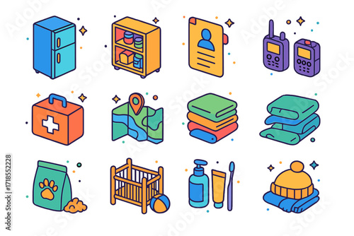 Community Resource Icons. Colorful isometric vector icons set of mutual aid resources: free fridge, community pantry shelf, emergency contact list, walkie