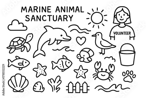 Marine Animal Sanctuary Icons. Hand-drawn doodle illustration marine animal sanctuary dolphin, turtle, fish, crab, starfish, seashell, seagull, wave, sun,