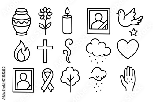 Cremation Symbol Doodles. Hand-drawn doodle illustration cremation and ashes urn, flower, candle, photo, dove, star, flame, cross, smoke, ash cloud, heart,