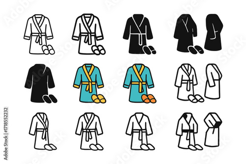 Spa Robe Logo Variations. Set Logo of Spa Robes: Bathrobe and slippers set. Logo set in vector style, emblematic variations. line, bold thick line, solid black