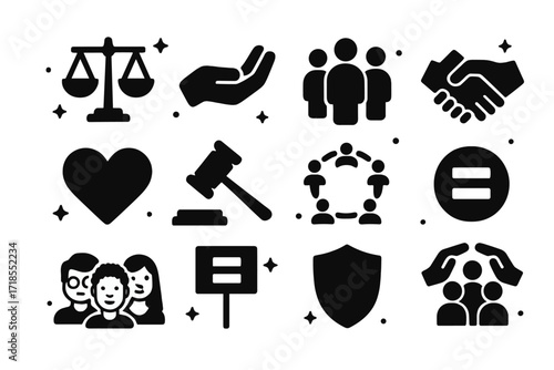 Diverse Equality Icons. Fairness. Solid icons set of balanced scale, open hand, group of people, handshake, heart, justice hammer, inclusive circle, equality