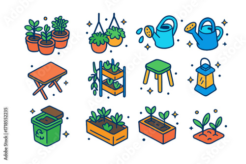 Urban Balcony Gardening Icons. Colorful isometric vector icons set of Urban balcony gardening: potted herbs, hanging planters, watering can, balcony railing