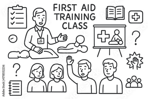 First Aid Training. Hand-drawn doodle illustration [First aid training class] whiteboard, instructor, trainees, CPR dummy, checklist, presentation board,