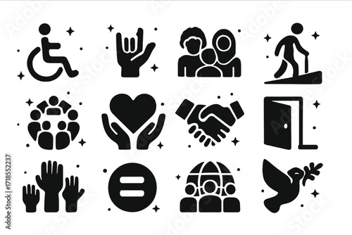 Inclusion Symbols Grid. Inclusion. Solid icons set of wheelchair symbol, sign language hand, diverse people, accessible ramp, inclusive circle, support heart,