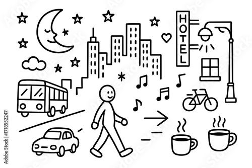 Night City Doodle. Hand-drawn doodle illustration Night city lights walk [moon, star, person walking, neon sign, skyscraper, streetlight, bus, car, bicycle,
