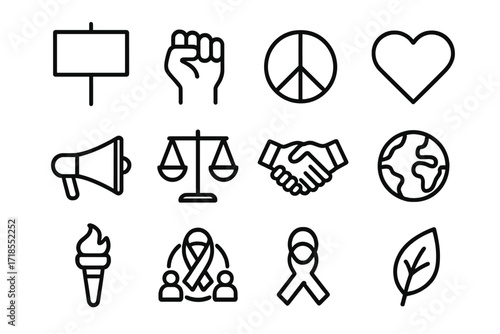 Social Activism Icons. Social activism. Line icon set of social activism: protest sign, raised fist, peace symbol, heart, megaphone, scales of justice,