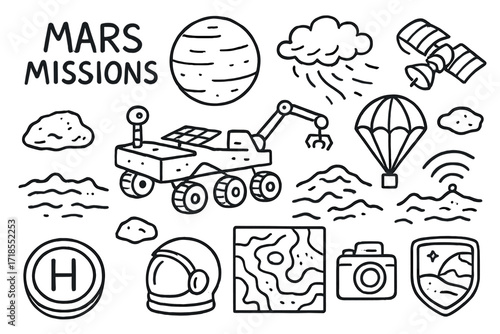 Mars Mission Doodles. Hand-drawn doodle illustration [Mars missions] [Mars, rover, dust storm, robotic arm, solar panel, rock, parachute, satellite, wheels,