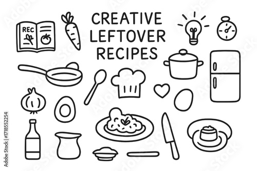 Creative Recipe Doodles. Hand-drawn doodle illustration Creative leftover recipes [recipe book, carrot, pot, pan, egg, onion, spoon, chef hat, light bulb,