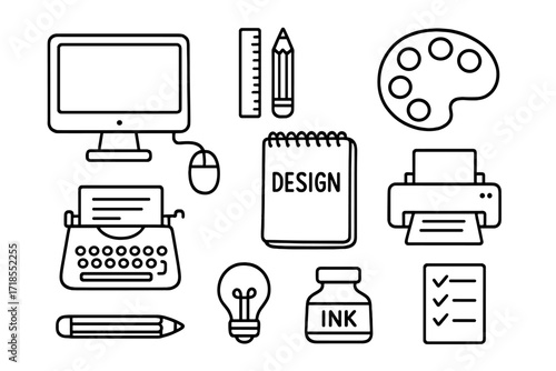 Graphic Design Tools. Graphic Design. Hand-drawn doodle illustration catalog mockup, computer screen, mouse, ruler, pencil, sketchbook, palette, typewriter,