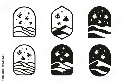 Firefly Desert Logos. Shifting landscapes fireflies. Set Logo of Shifting landscapes fireflies: fireflies above desert dunes. harmonious logo variations of the