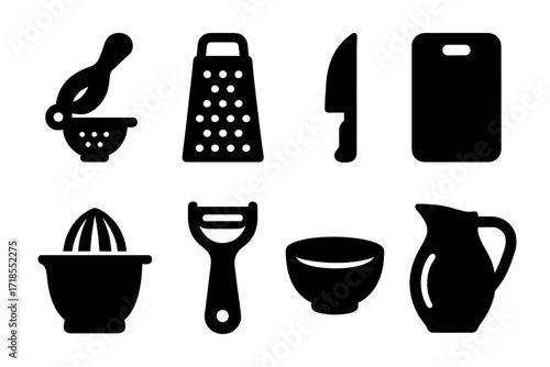 Lime Kitchen Tool Icons. Solid, filled icon set of lime kitchen tools: citrus squeezer, grater, knife, cutting board, juicer, peeler, bowl, glass pitcher.