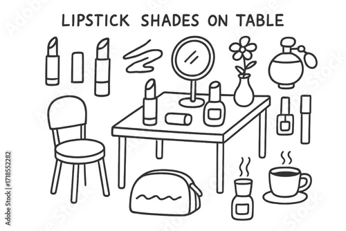 Makeup Essentials Doodles. Hand-drawn doodle illustration Lipstick Shades on Table [lipstick tube, open lipstick, closed lipstick, lipstick smear, mirror,