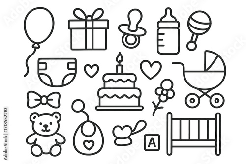 Baby Shower Icons. Hand-drawn doodle illustration Baby shower balloon, gift box, pacifier, bottle, diaper, bib, cake, stroller, crib, bow, heart, rattle, toy