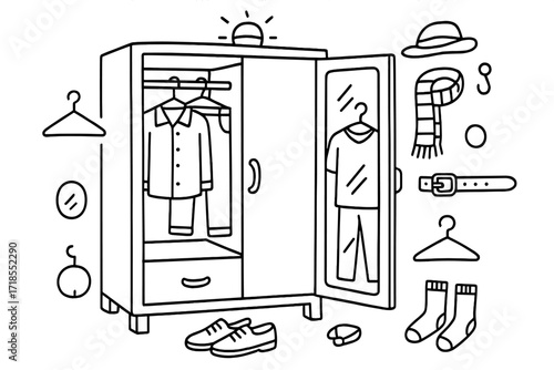 Wardrobe Doodle Design. Hand-drawn doodle illustration [Closet with mirror for outfit check] [mirror, shirt, pants, hanger, shoes, drawer, scarf, wardrobe,