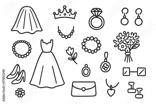 Wedding Jewelry Doodles. Hand-drawn doodle illustration Jewelry for wedding attire [veil, tiara, diamond ring, necklace, pearl earrings, bracelet, gown,