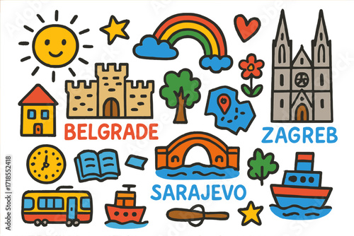 Vibrant Yugoslav Doodle. Colorful Hand-drawn doodle Children illustration Yugoslav Cities [Belgrade fortress, Sarajevo bridge, Zagreb cathedral, star, rainbow,