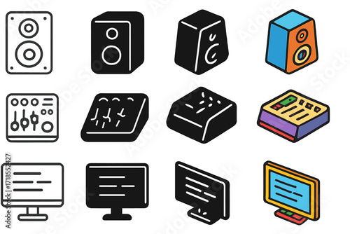 Karaoke Equipment Icons. Icon Set of Karaoke Equipment: Speaker, Mixer console, TV screen with lyrics. Icons set in vector style, emblematic variations.