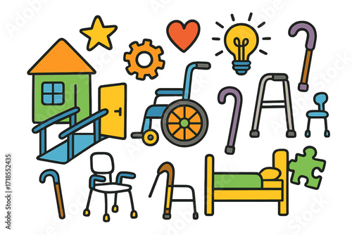 Inclusive Design Doodles. Inclusive design. Colorful Hand-drawn doodle Children illustration house, wheelchair, ramp, handrail, wide door, cane, walker, heart,