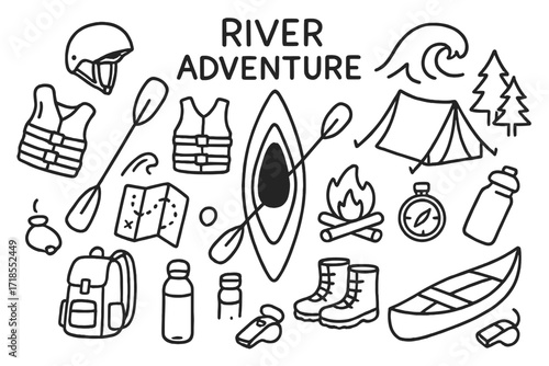 River Adventure Essentials. Hand-drawn doodle illustration [river adventure] [kayak, paddle, life jacket, helmet, river wave, campsite, tent, map, compass,