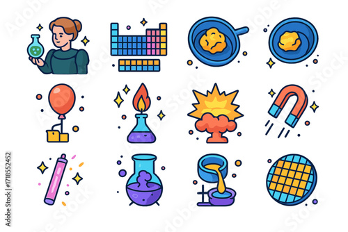 Iconic Elements Discovery Icons. Colorful isometric vector icons set of iconic element discoveries: Marie Curie with radium, Mendeleev?s periodic table, gold