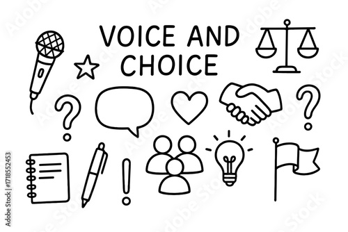 Voice and Choice Icons. Voice and Choice. Hand-drawn doodle illustration voice and choice microphone, megaphone, speech bubble, scales, star, heart, handshake,
