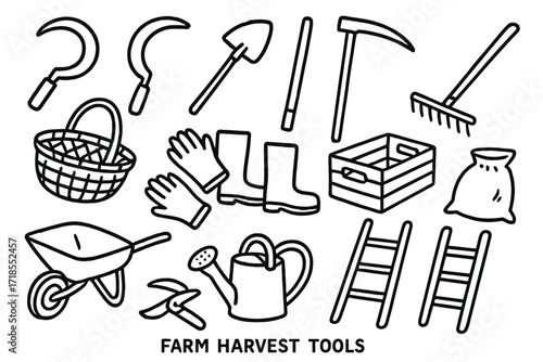 Farm Tools Doodle. Farm harvest tools. Hand-drawn doodle illustration farm harvest tools sickle, scythe, shovel, rake, hoe, basket, crate, gloves, boots,