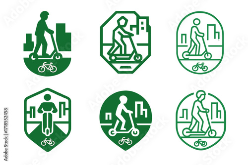 Electric Scooter Logos. Using an electric scooter to commute in the city. Set Logo of Using an electric scooter to commute in the city: scooter on bike lane.