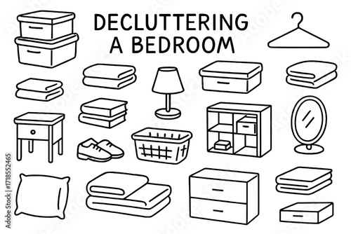 Bedroom Decluttering Doodles. Hand-drawn doodle illustration Decluttering a bedroom storage bins, under-bed box, folded clothes, hangers, laundry basket,