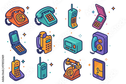 Retro Phone Icons. Colorful isometric vector icons set of old phone models: rotary dial phone, vintage push-button phone, early mobile brick, flip phone,