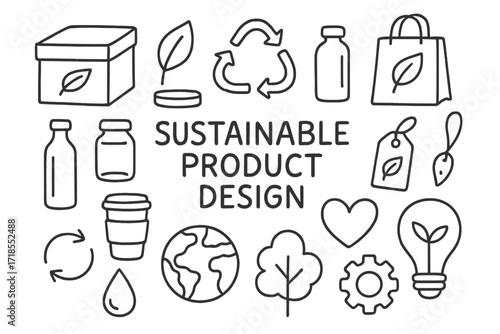 Eco-Friendly Icons. Hand-drawn doodle illustration Sustainable product design eco packaging box, leaf, recycling symbol, shopping bag, bottle, jar, reusable