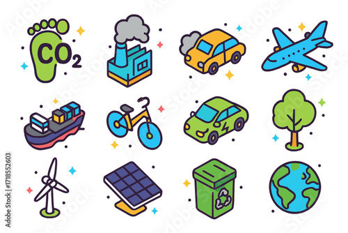 Carbon Footprint Icons. Carbon Footprint. Colorful isometric vector icons set of Carbon Footprint: footprint symbol, factory smoke, car exhaust, airplane,