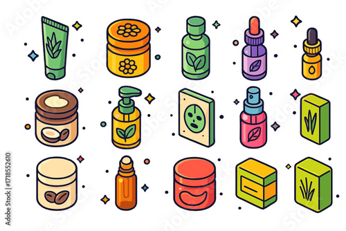 Botanical Skincare Icons. Colorful isometric vector icons set of Botanical skincare packaging: aloe vera lotion, calendula balm, mint toner bottle, sage serum