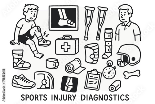 Sports Injury Doodles. Hand-drawn doodle illustration [sports injury diagnostics] [athlete, x-ray image, sprained ankle, crutches, trainer, medical kit, brace,