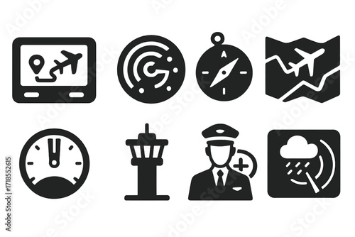 Jet Navigation Icons. Solid, filled icon set of private jet navigation: GPS device, radar, compass, flight map, altitude meter, air traffic control, autopilot,