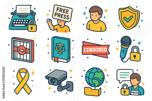 Press Freedom Icons. Colorful isometric vector icons set of press freedom and rights: typewriter with lock, protester with ?Free Press? sign, legal shield