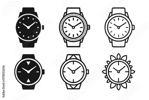 Elegant Watch Logo Variations. Jewelry. Set Logo of Jewelry: Luxury watch face. harmonious logo variations of the same emblematic concept, each with different