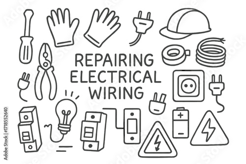 Electrical Tools Doodle. Hand-drawn doodle illustration Repairing electrical wiring screwdriver, pliers, gloves, helmet, wire coil, plug, socket, switch, fuse,