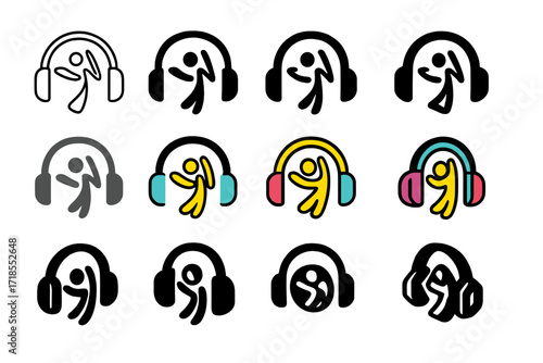 Zumba Soundtrack Logos. Set Logo of Zumba Soundtrack: Headphones with dancing figure inside. Logo set in vector style, emblematic variations. line, bold thick