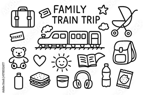 Family Train Adventure. Hand-drawn doodle illustration Family train trip [train, suitcase, ticket, backpack, toy bear, book, sandwich, water bottle,