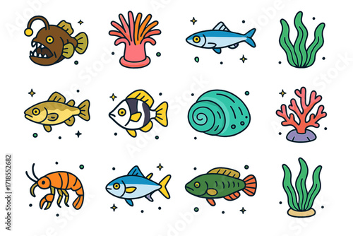 Aquatic Icons Set. Aquatic Life A. Colorful isometric vector icons set of aquatic life A: anglerfish, anemone, anchovy, alga, atlantic cod, archerfish, abalone