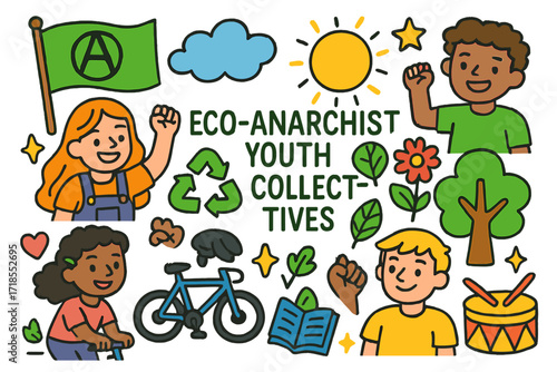 Eco Youth Doodle. Colorful Hand-drawn doodle Children illustration Eco-Anarchist Youth Collectives young people, green flag, recycling symbol, tree, flower,