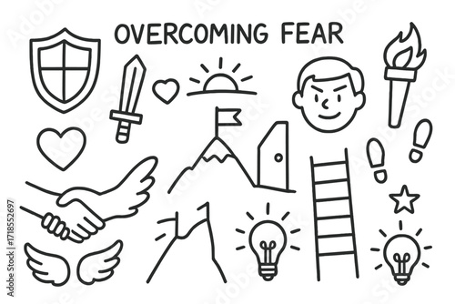 Overcoming Fear Icons. Hand-drawn doodle illustration Overcoming fear [shield, sword, torch, heart icon, mountain, sunrise, brave face, open door, handshake,