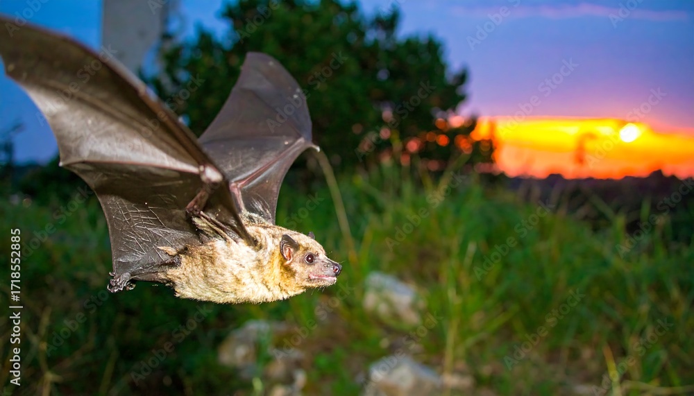 Obraz premium Bat in flight at sunset, wings outstretched