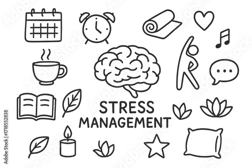 Stress Relief Doodles. Hand-drawn doodle illustration stress management brain, clock, calendar, yoga mat, lotus flower, teacup, book, leaf, candle, stretching