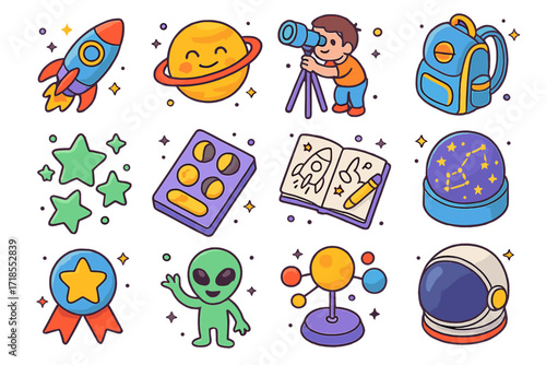 Astronomy Icons for Kids. Colorful isometric vector icons set of Astronomy for kids: cartoon rocket, smiling planet, child with telescope, space backpack,