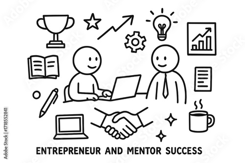 Entrepreneur Success Doodles. Hand-drawn doodle illustration Entrepreneur and mentor success planning [trophy, arrow, star, sparkle, gear, light bulb, two