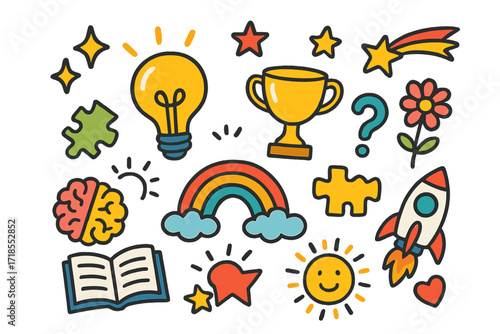 Fun Eureka Moment. Colorful Hand-drawn doodle Children illustration Eureka Moment [light bulb, sparkles, rainbow, trophy, book, smiling sun, puzzle piece,