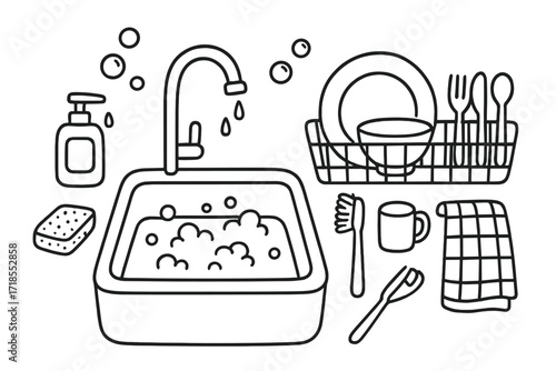 Kitchen Sink Doodles. Hand-drawn doodle illustration Kitchen sink and dish drying [sink, faucet, water drops, dish rack, sponge, soap bottle, brush, cup, fork,